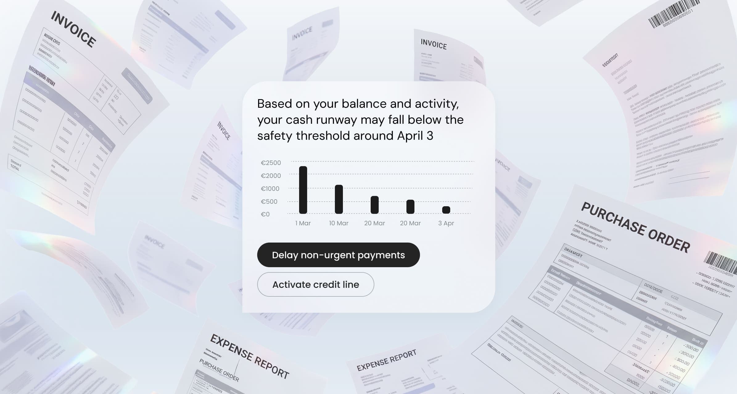 Fintech app mockup showing a cash runway chart and quick actions to delay payments or activate a credit line