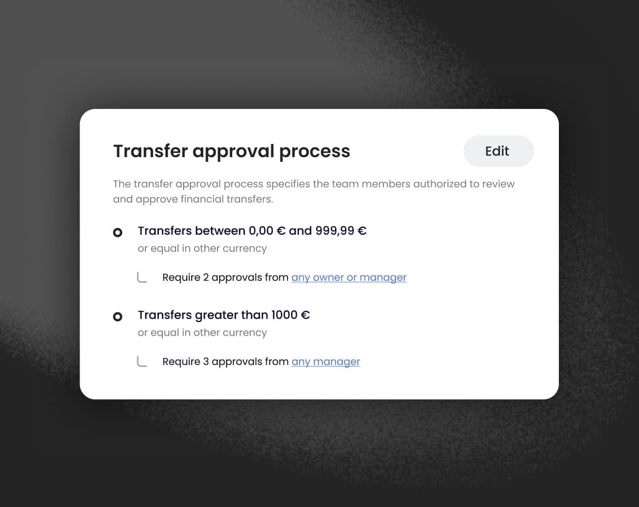 Transfer approval process settings card with rules for required approvals