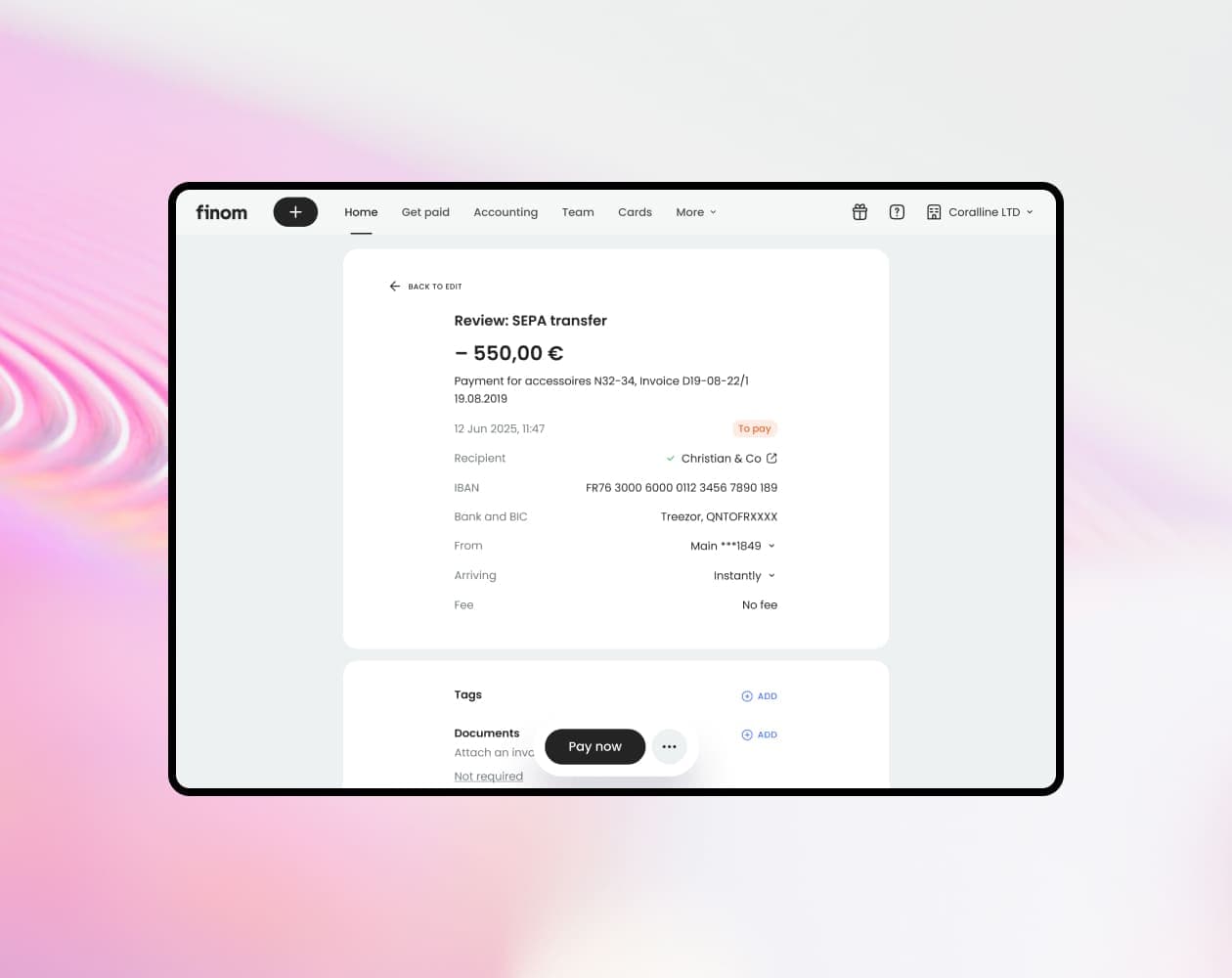 Finom web app showing the review step of a SEPA transfer with a Pay now button