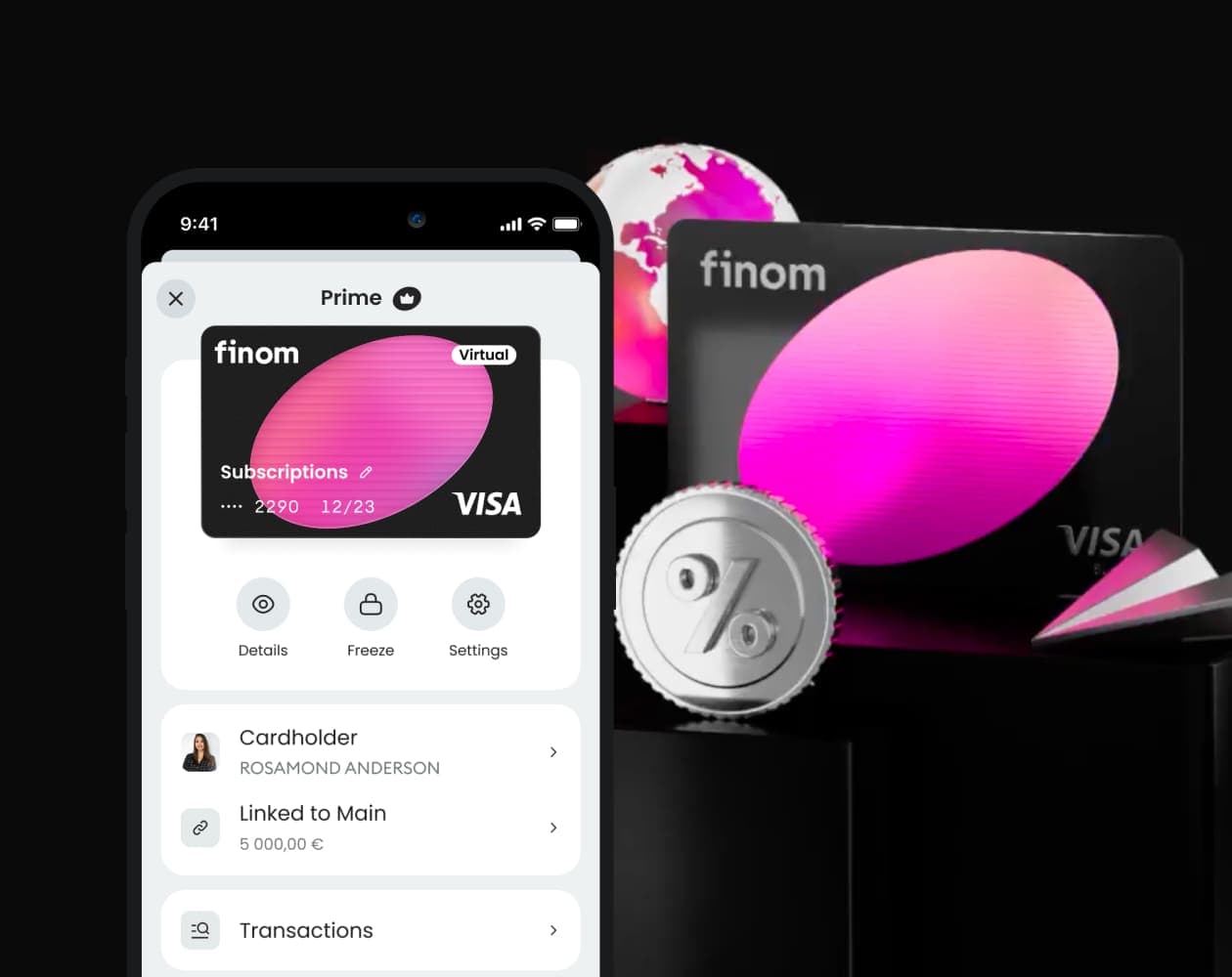 Finom Prime virtual card screen next to a physical Finom Visa card