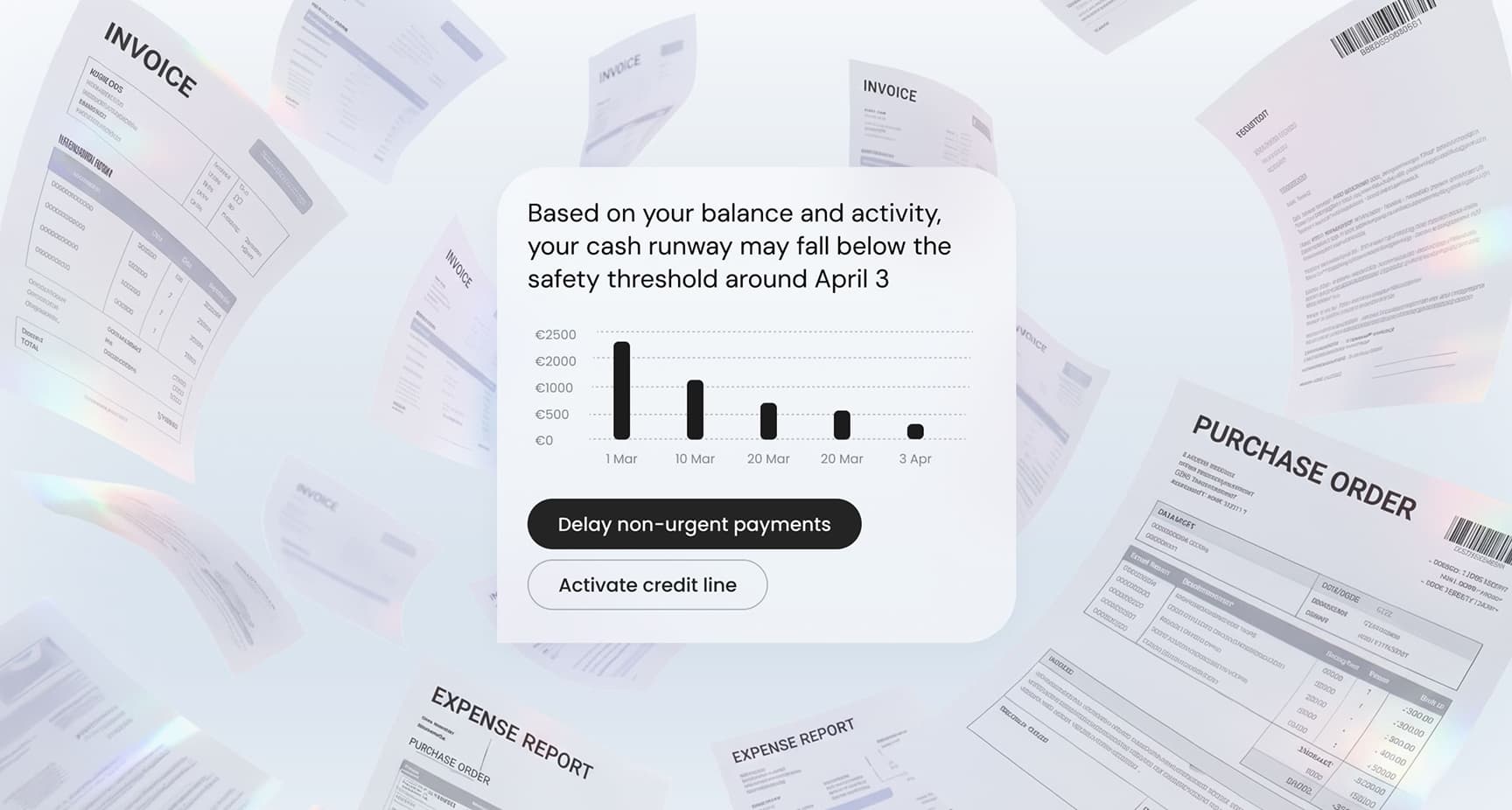 Illustration of scattered invoice and expense report documents around a card suggesting to delay non-urgent payments or activate a credit line