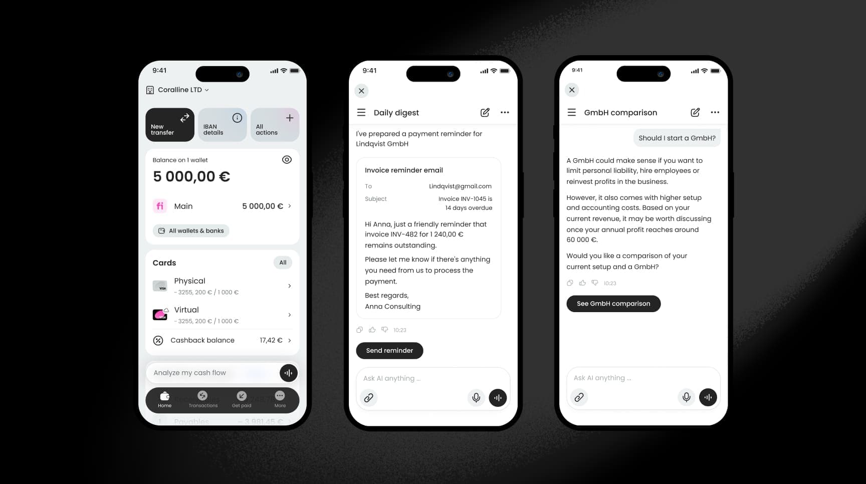Finom AI mobile screens showing account balance, an AI-drafted payment reminder email, and a GmbH comparison conversation