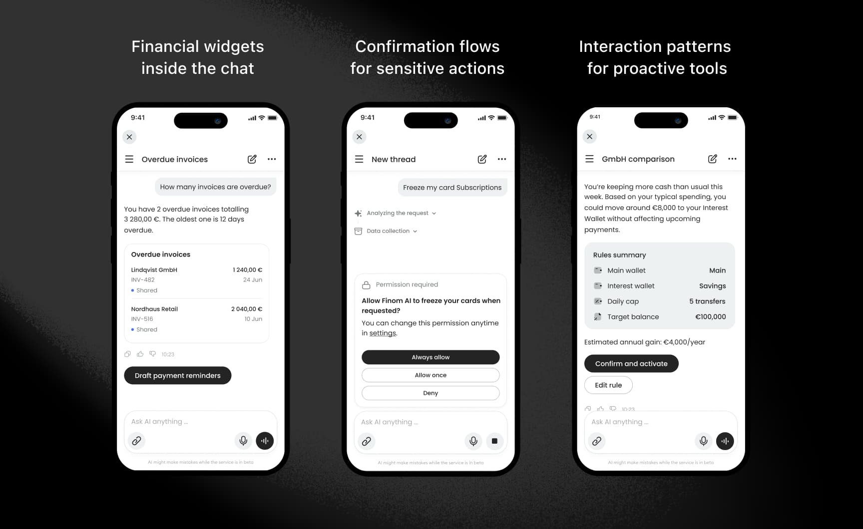 Three Finom AI chat screens showing overdue invoices with a payment reminder widget, a permission dialog for freezing a card, and a GmbH comparison with a rules summary