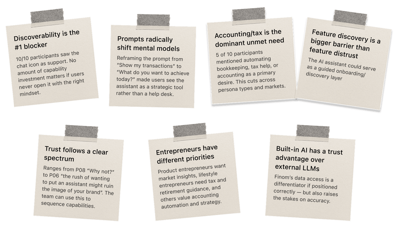 Research synthesis sticky notes summarizing key findings from entrepreneur interviews about AI trust and expectations
