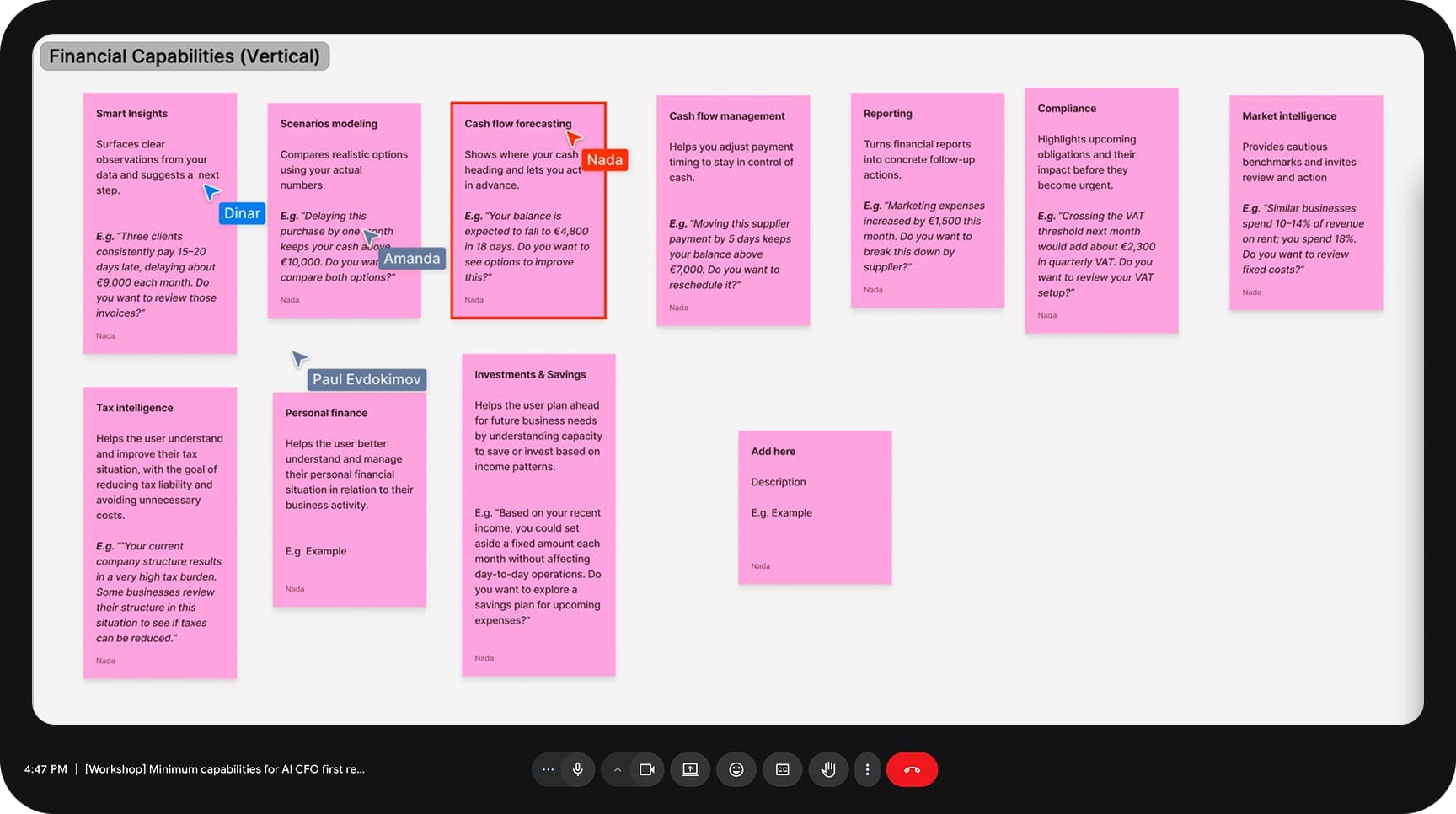 Workshop board mapping financial AI capabilities such as cash flow forecasting, tax intelligence and personal finance